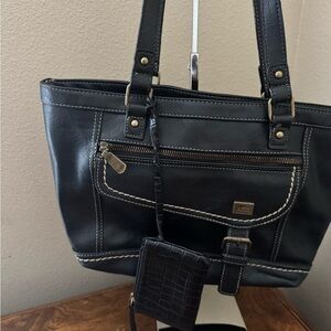 BOC Black Faux Leather Tote Bag with Three Sections and Matching Pouch Wallet